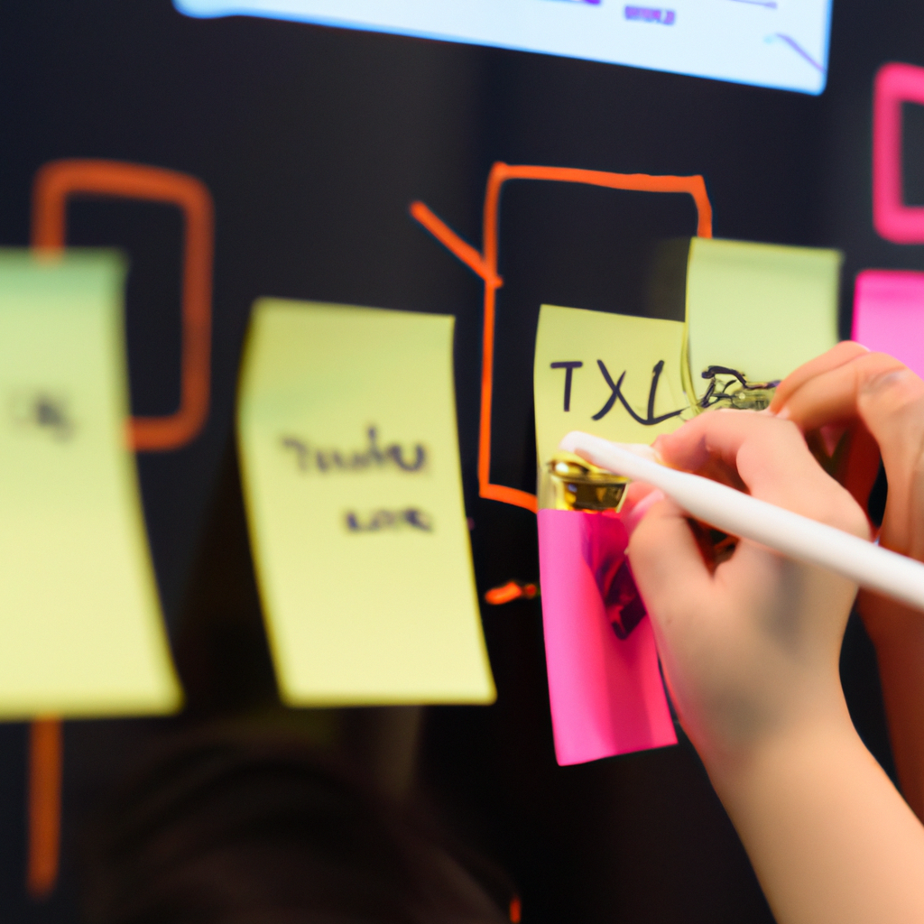 Children collaborating on a coding project with colorful notes on a whiteboard in a modern classroom
