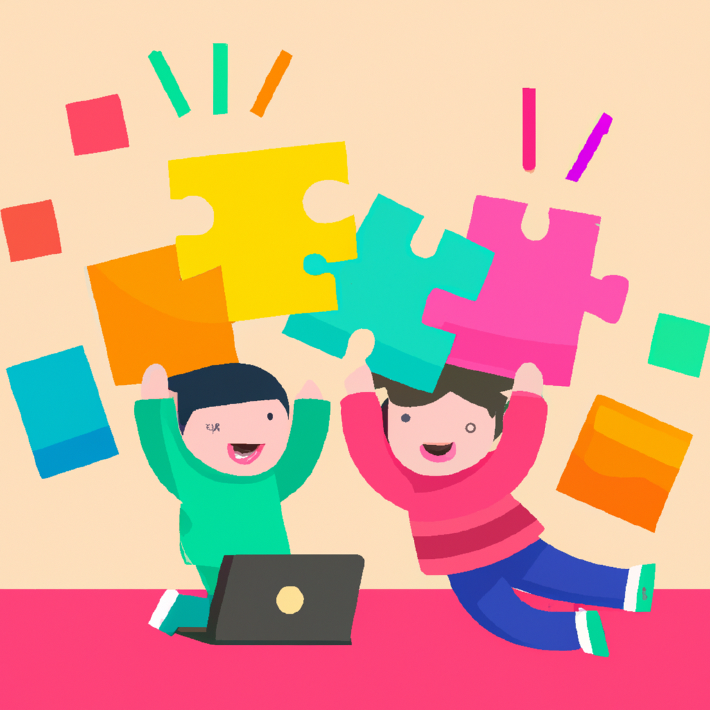 Smiling kids learning to code on laptops with colorful blocks and playful minimal illustration