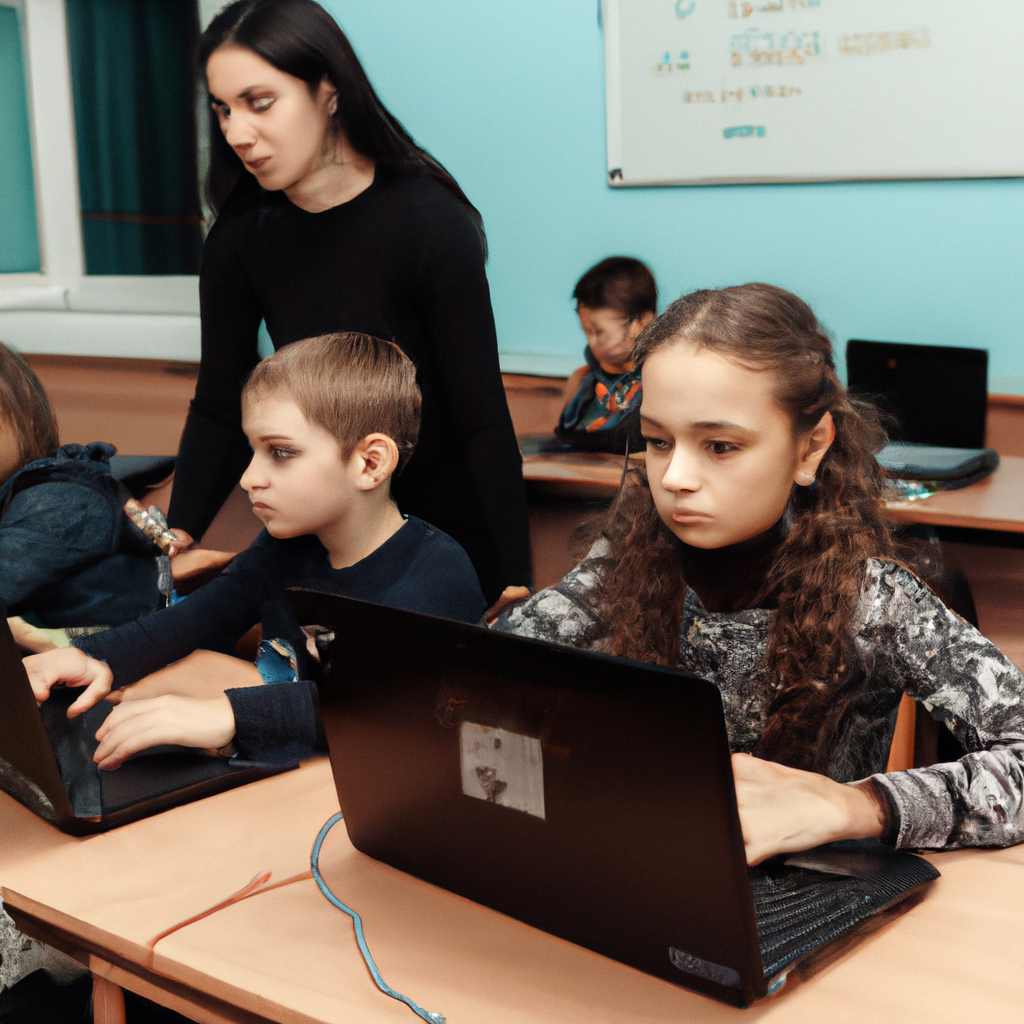 Kids coding in a bright classroom with laptops and a smiling teacher guiding them